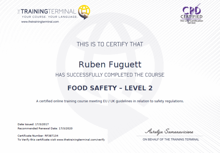 Ruben food safety certificate